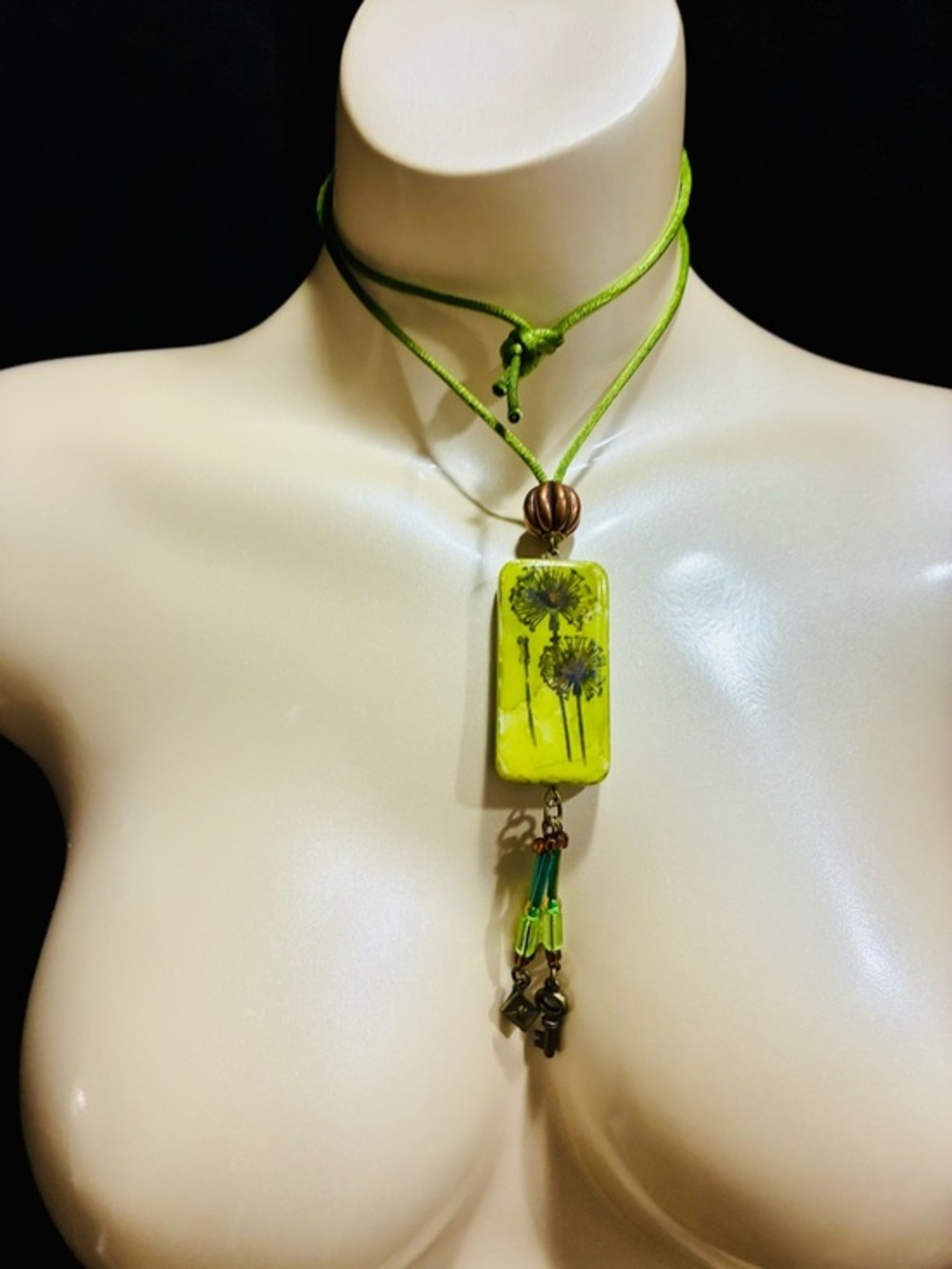 Green Dandelion Decoupage Domino Pendant Necklace with Bead & Charm Tassel EUC